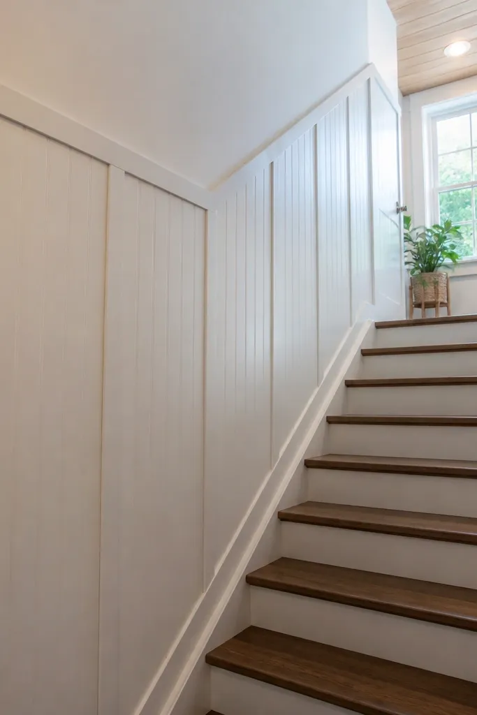 Satin white shaker-style wainscoting with tall vertical panels on a stair wall