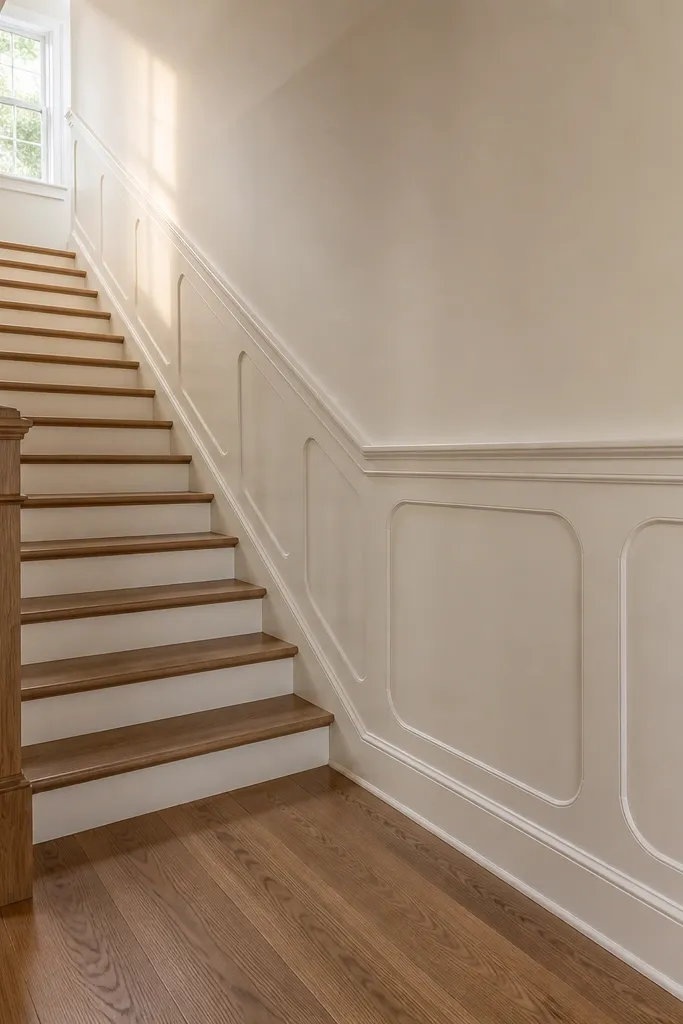 White half-wall wainscoting with subtle arched corners inside rectangular panels