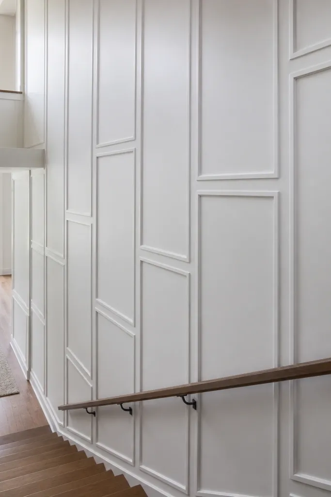 Staircase wall with stacked vertical rectangles and thin inner trim borders