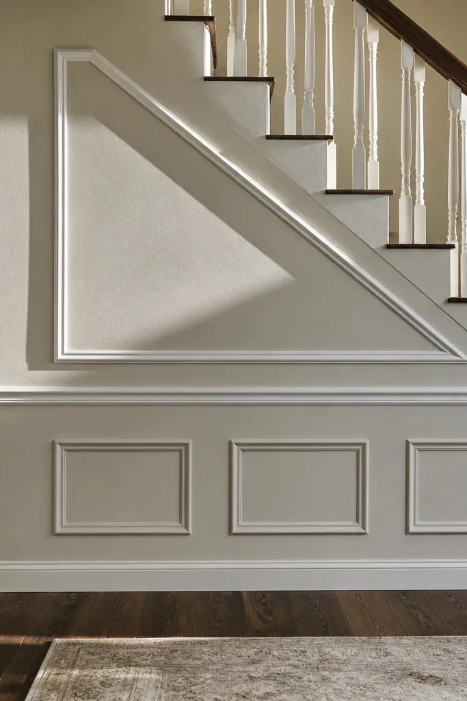 One diagonal wainscoting panel framing the staircase landing wall