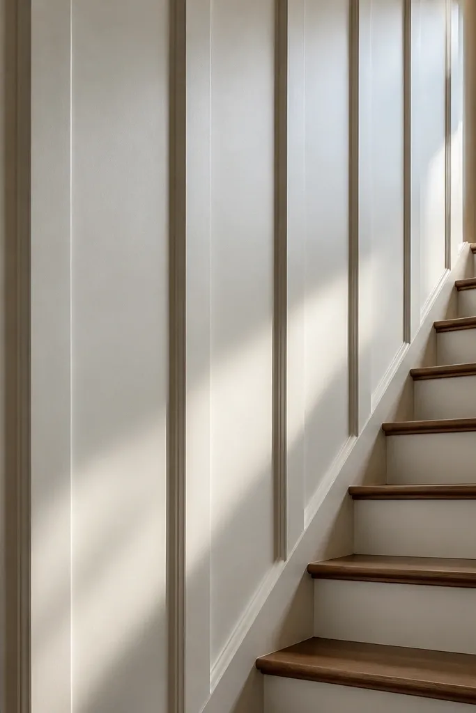 Staircase wall with board-and-batten wainscoting and wide vertical battens
