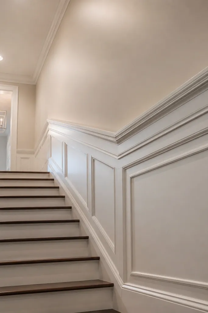 Wainscoting panels with a small crown molding border near the top rail