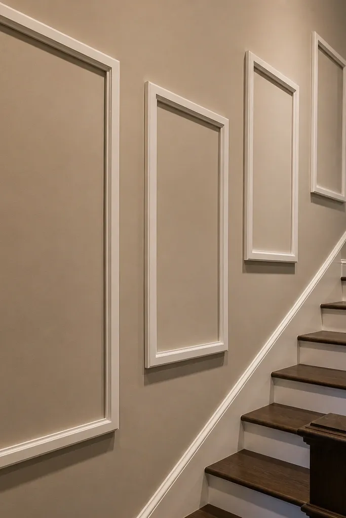 Staircase wainscoting with floating rectangular frames and no raised middle