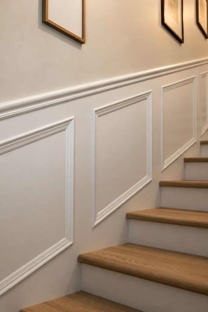 Beveled inset panels framed by 1x2 trim on a staircase wall