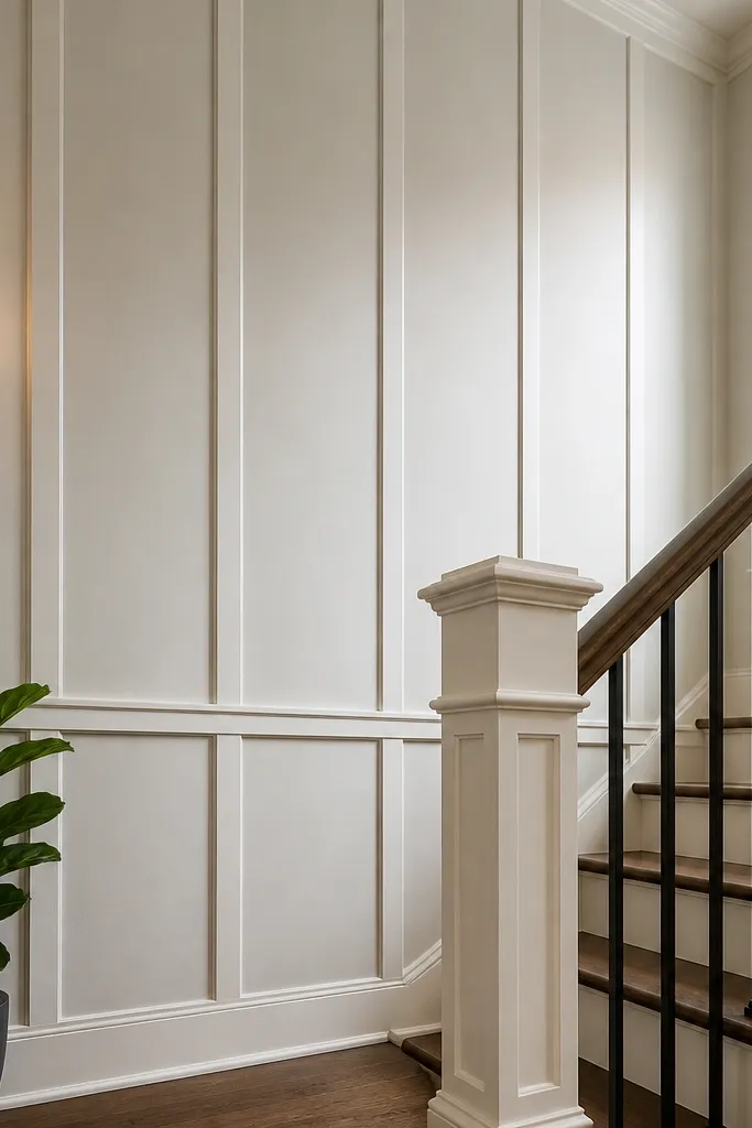 Staircase wainscoting with vertical columns rising above a horizontal chair rail
