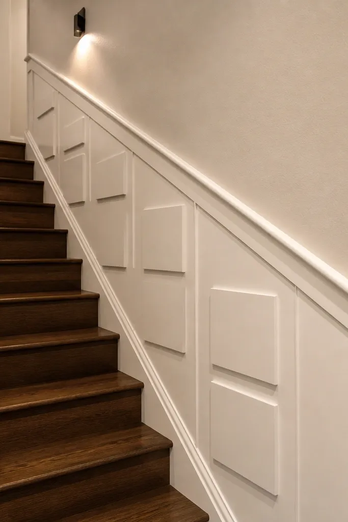 Half-wall wainscoting with centered raised square panels on a staircase wall