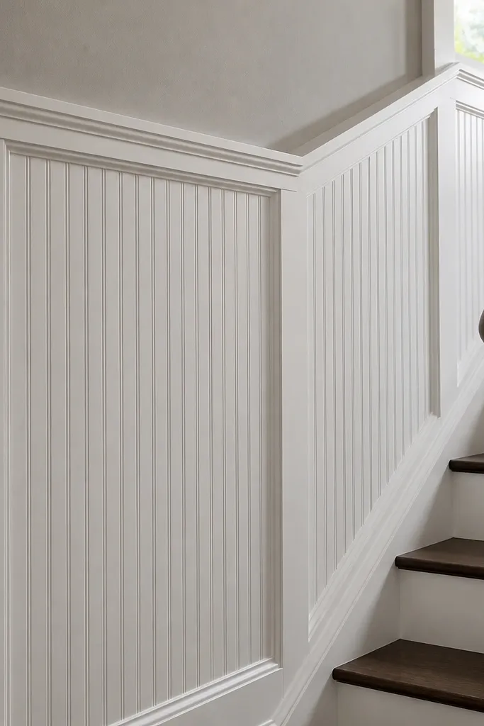 Wainscoting frames filled with thin beadboard on a staircase wall