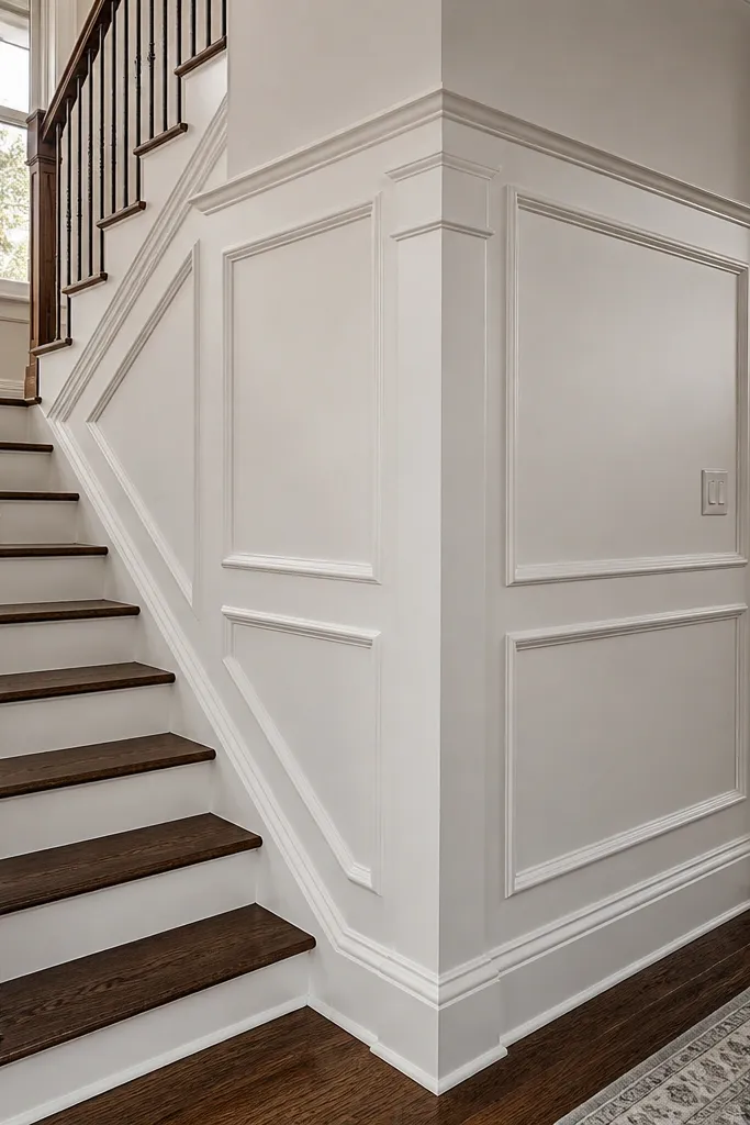 Staircase wainscoting with decorative corner blocks where panels meet corners