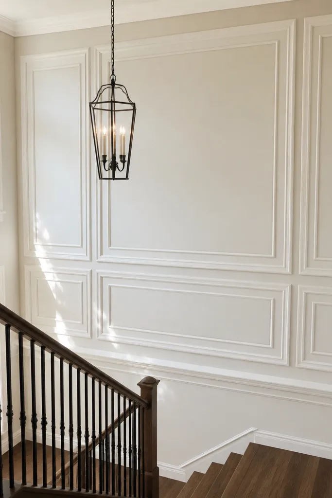 Landing wall with stacked rectangular wainscoting box frames