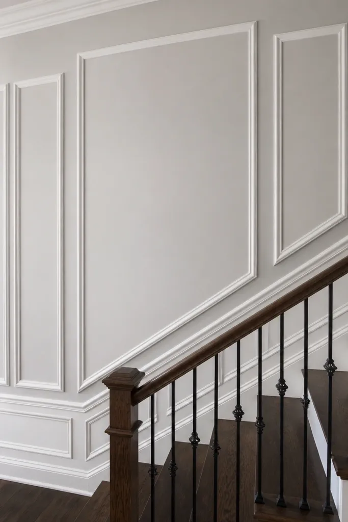 Staircase wainscoting with one large central panel and smaller side panels