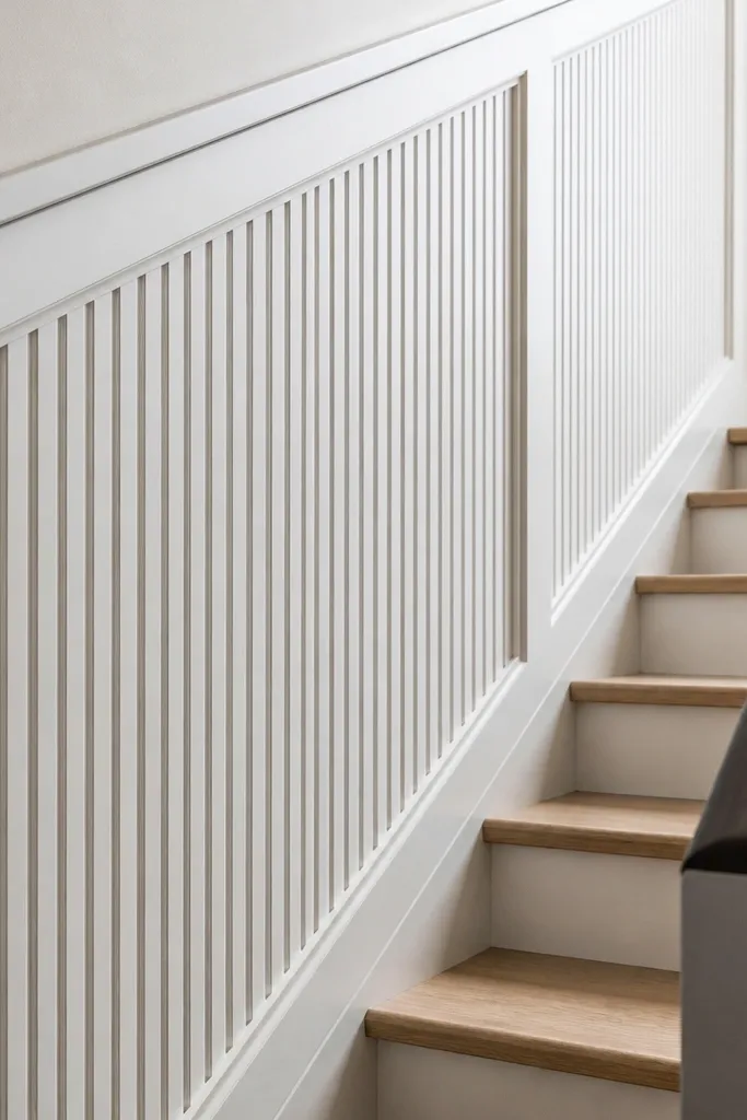 Slim vertical slat wainscoting with framed rectangles on a stair wall