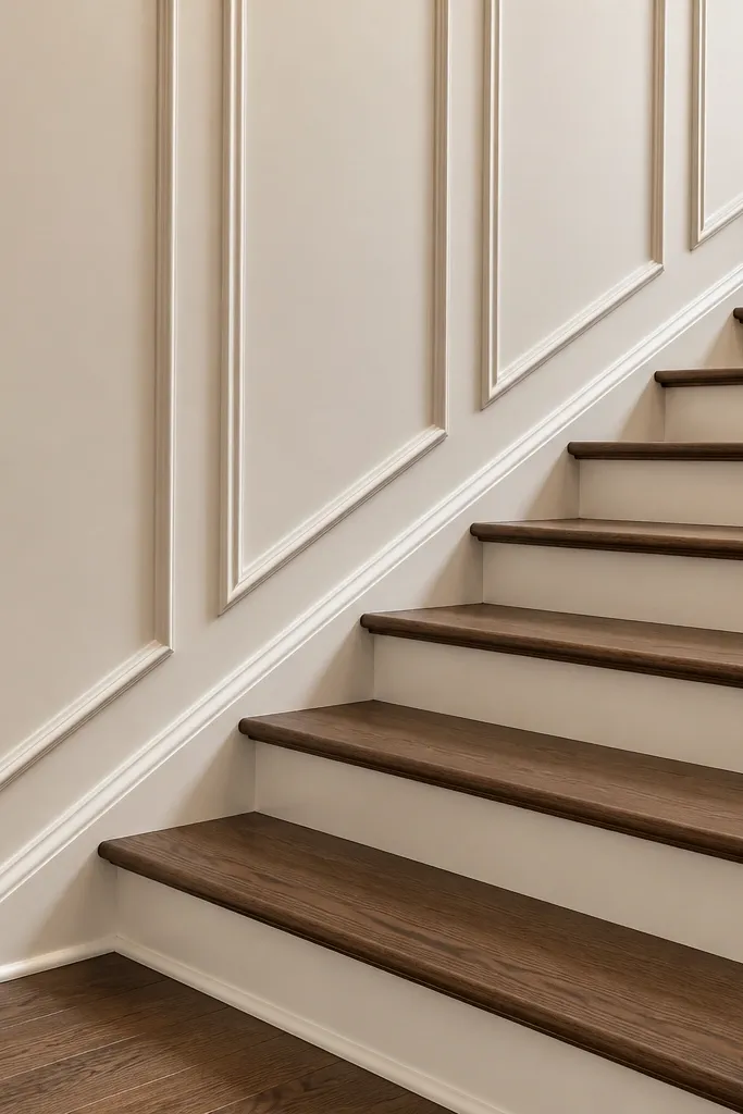 Staircase wall with thick-bordered raised square panels in a grid pattern