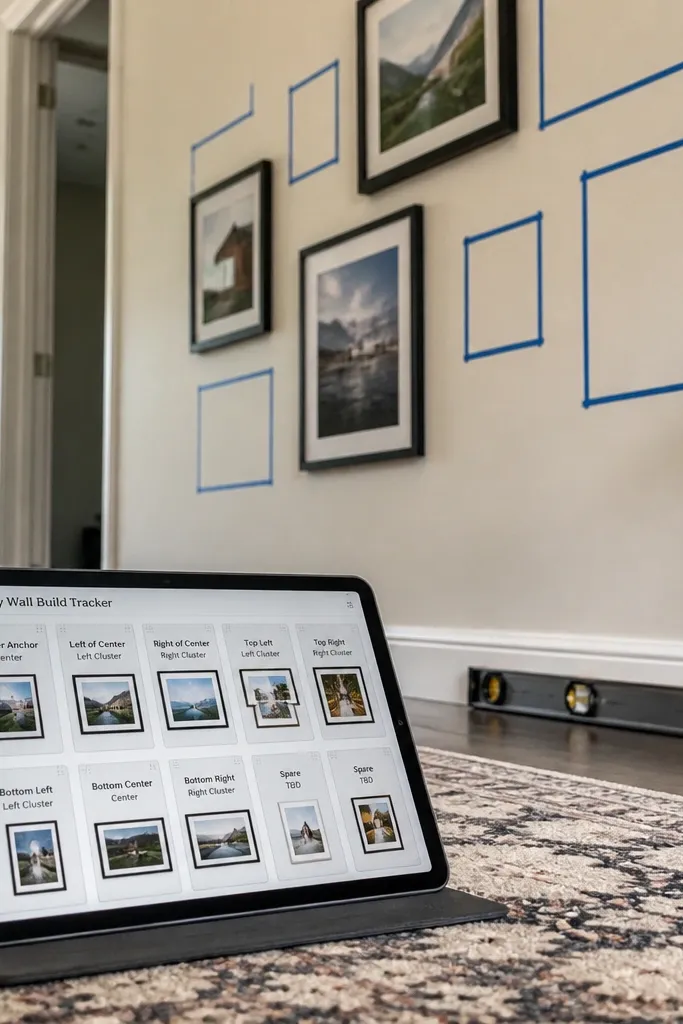 A neat board of framed pieces with status labels and spacing