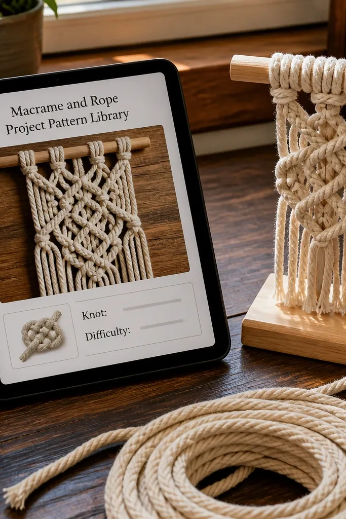 Macrame pattern tiles with knot type labels and rope photos