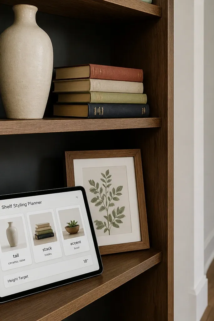 A shelf layout board with item photos and color grouping