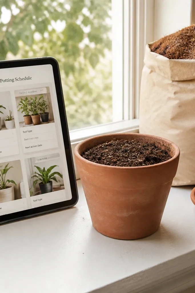 Plant care cards with pot photos and simple next-action dates