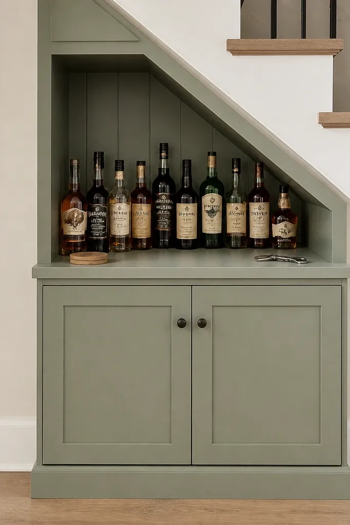 Bottom cabinet doors with an open shelf above holding wine bottles