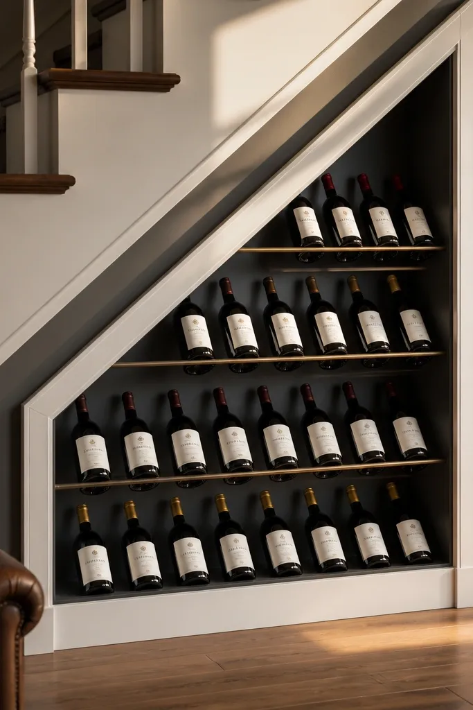 Under-stairs angled wine rack framed with decorative trim