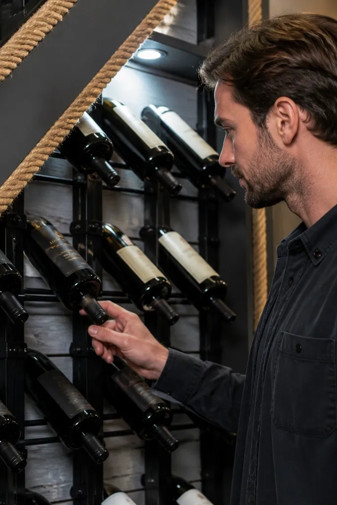 Dark industrial wine rack with metal channels and rope trim