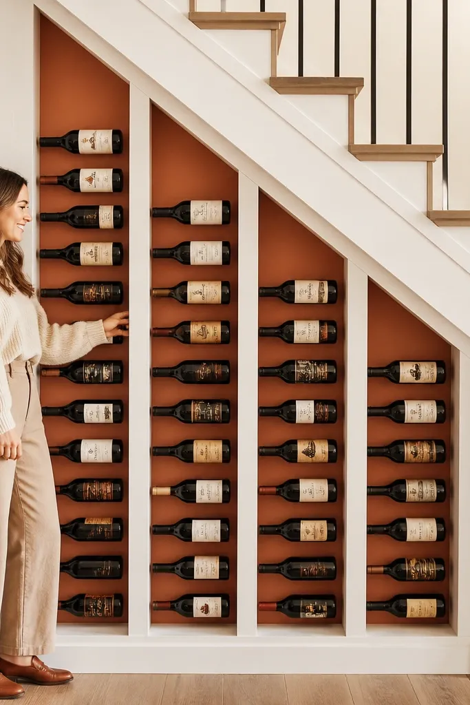 Color-blocked under-stairs panel with wine bottles in tidy slots