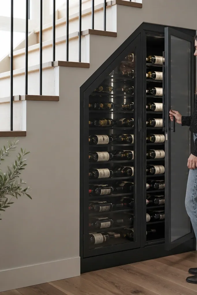Slim black framed cabinet with glass doors showing wine bottles inside