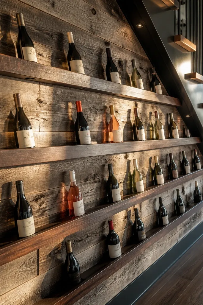 Barnwood under-stairs panel with horizontal rails holding wine bottles