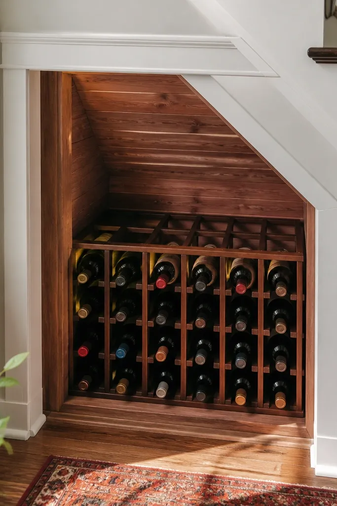 Cedar-lined under-stairs cubby with bottles and crown trim