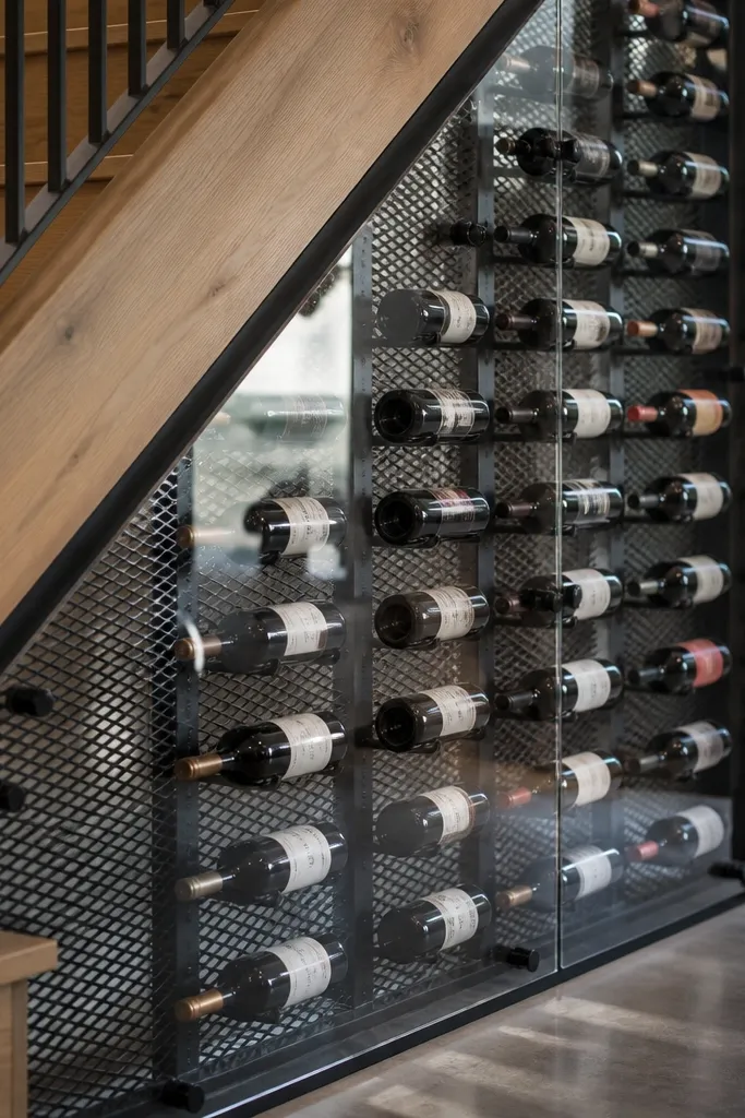 Matte black mesh cage under stairs with wine bottles behind clear front