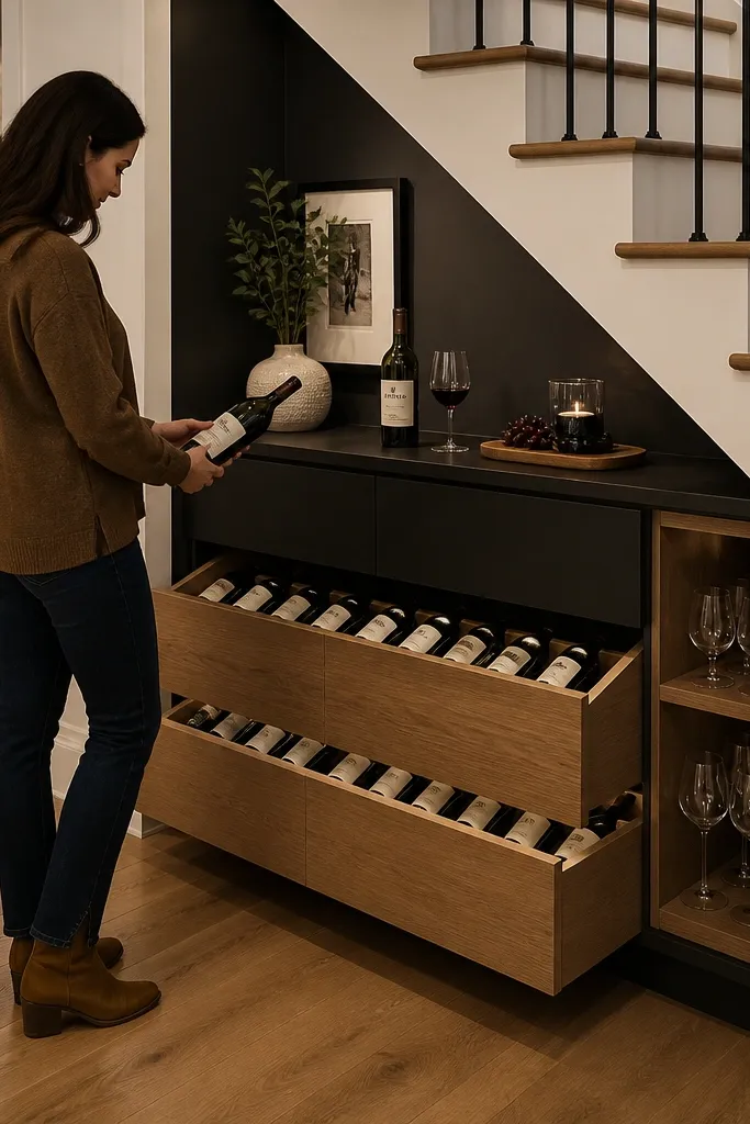 Two-tone under-stair wine bar with a bottle drawer and small countertop