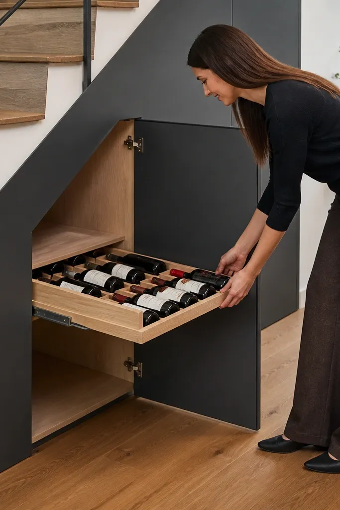 Under-stairs cabinet with a lift-out wine rack tray inside