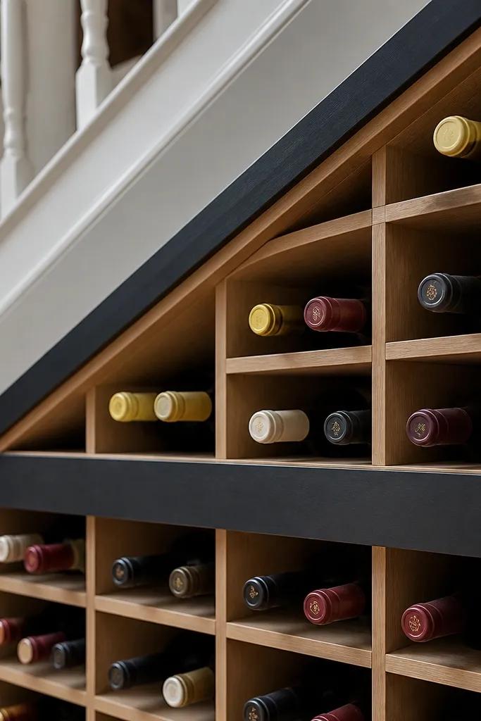 Under-stairs wine rack with chalkboard trim for labeling bottles