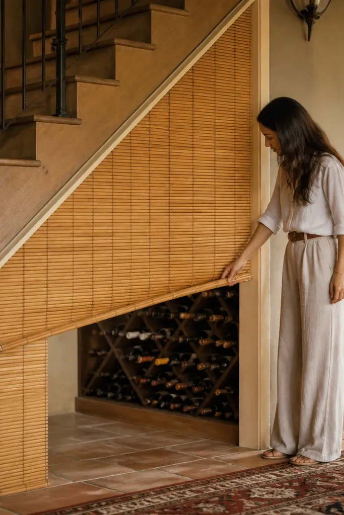 Under-stairs wine rack hidden behind a roll-up bamboo shade