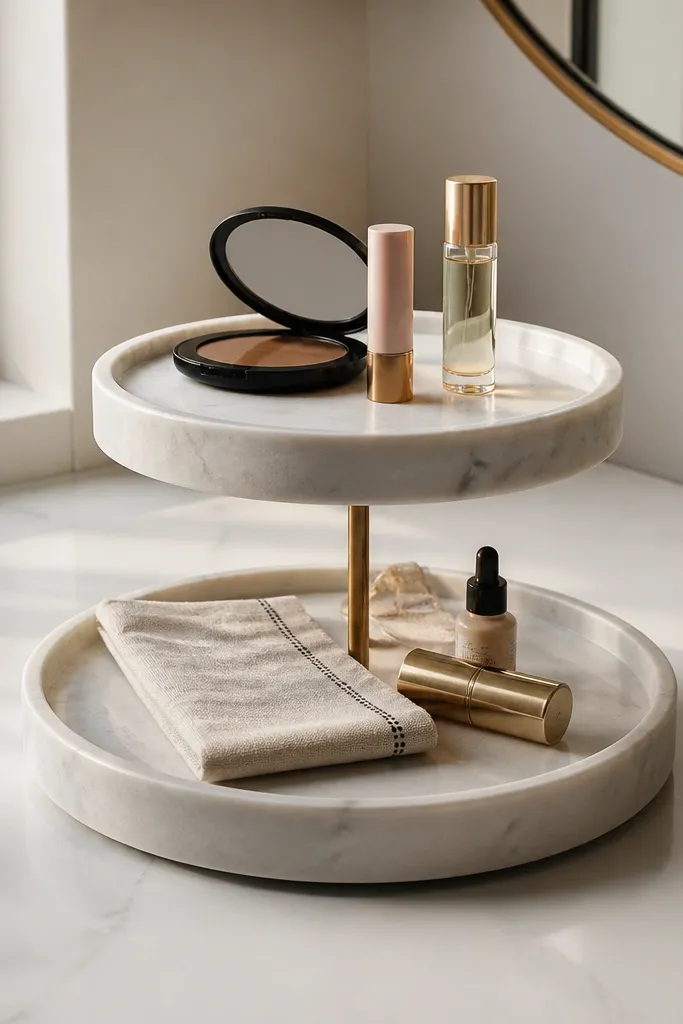 White marble-look two-tier tray with small bottles in the top tier