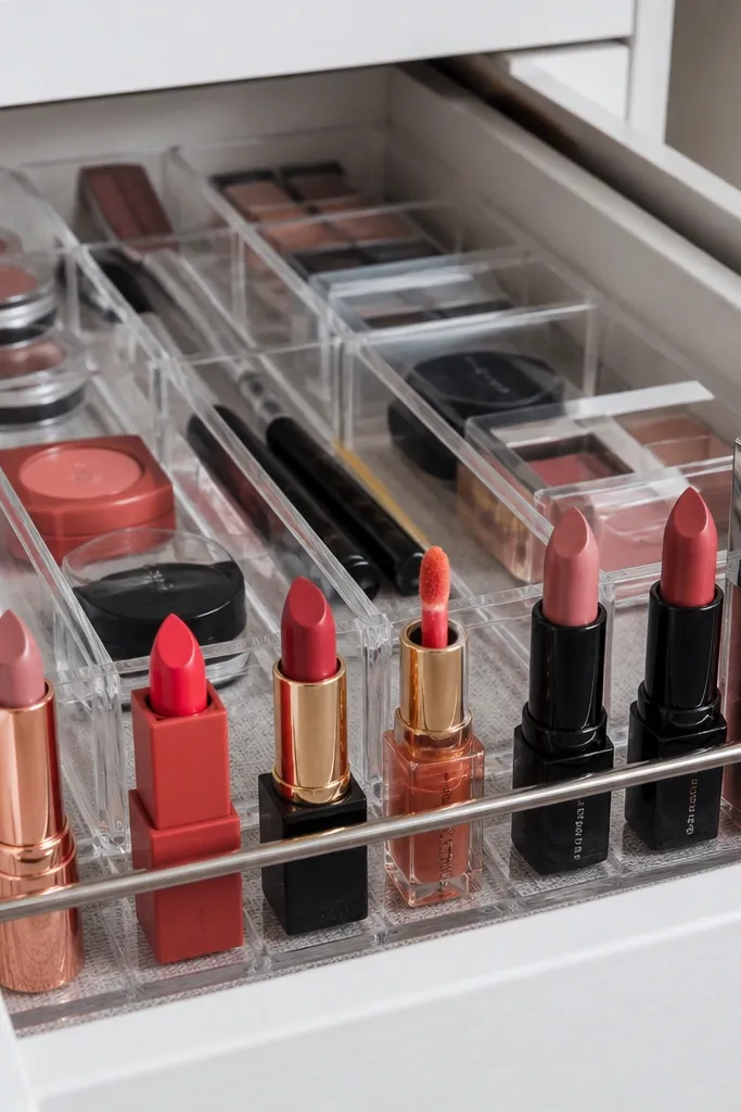 Clear acrylic drawer dividers with a narrow row for lip products