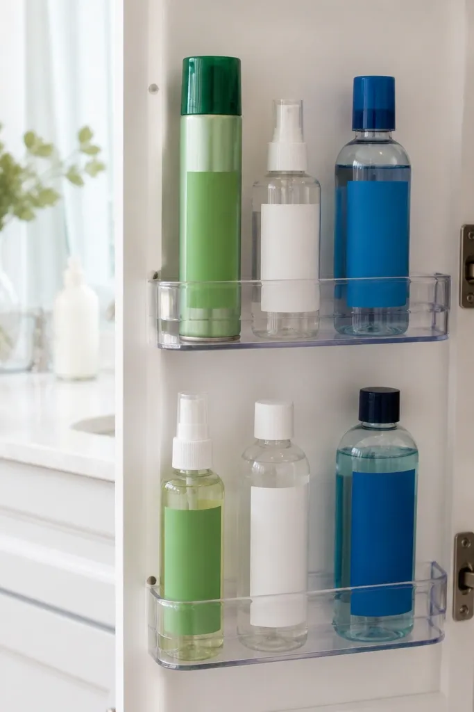Door-mounted rack holding spray bottles with colored labels