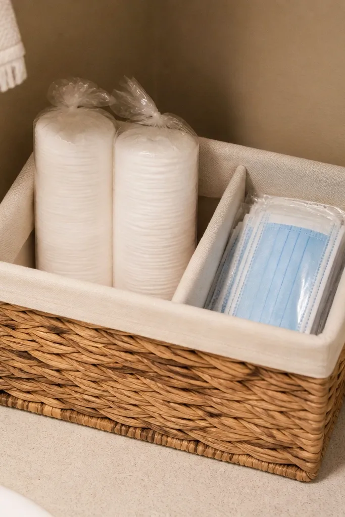 Small woven basket on vanity with a fabric insert and label