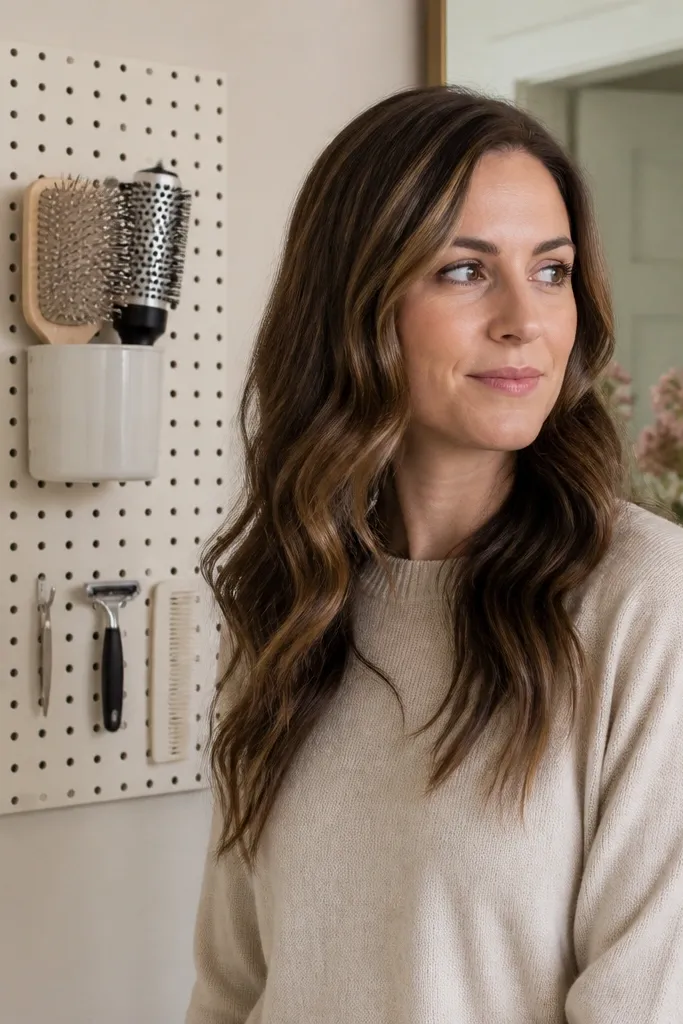 White pegboard wall with small hooks holding brushes and tools