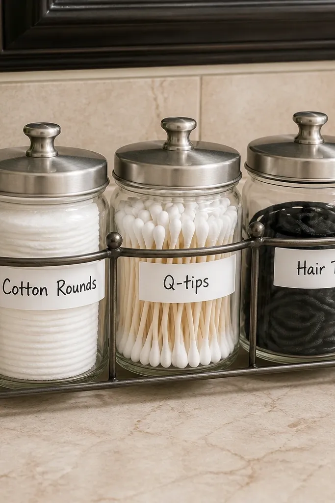 Metal tray holding matching glass jars with labels for cotton and hair ties