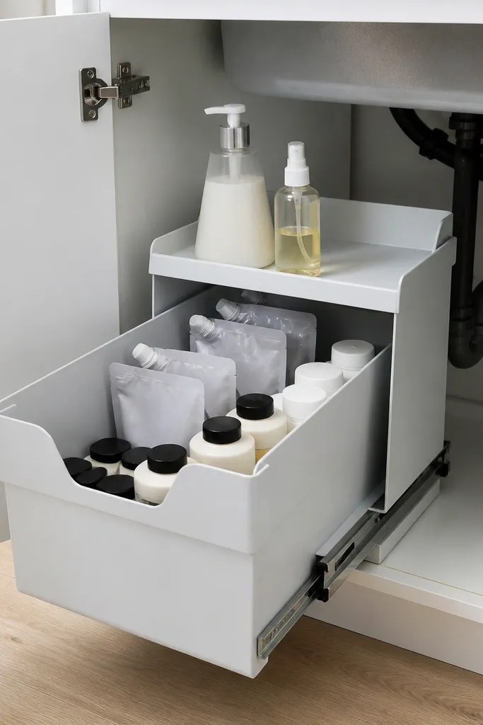 Pull-out under-sink organizer with a small shelf for daily bottles