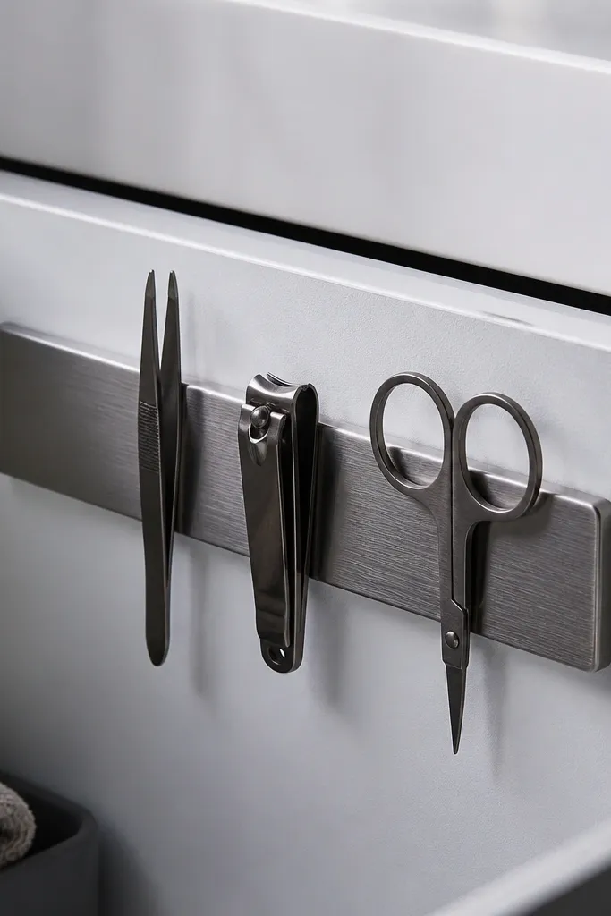 Magnetic strip inside cabinet wall holding small metal tools