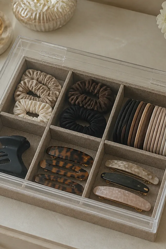 Fabric-lined tray with a clear lid holding hair accessories