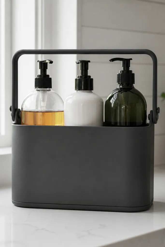 Tall caddy holding pump bottles with a front panel