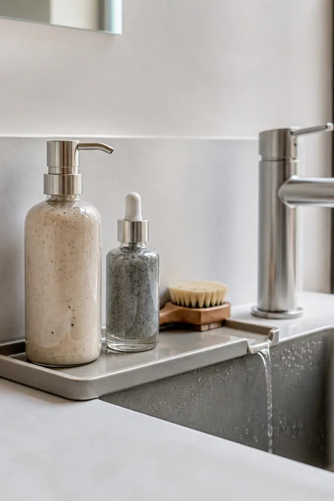 Slim tray next to sink holding skincare bottles with drip edge