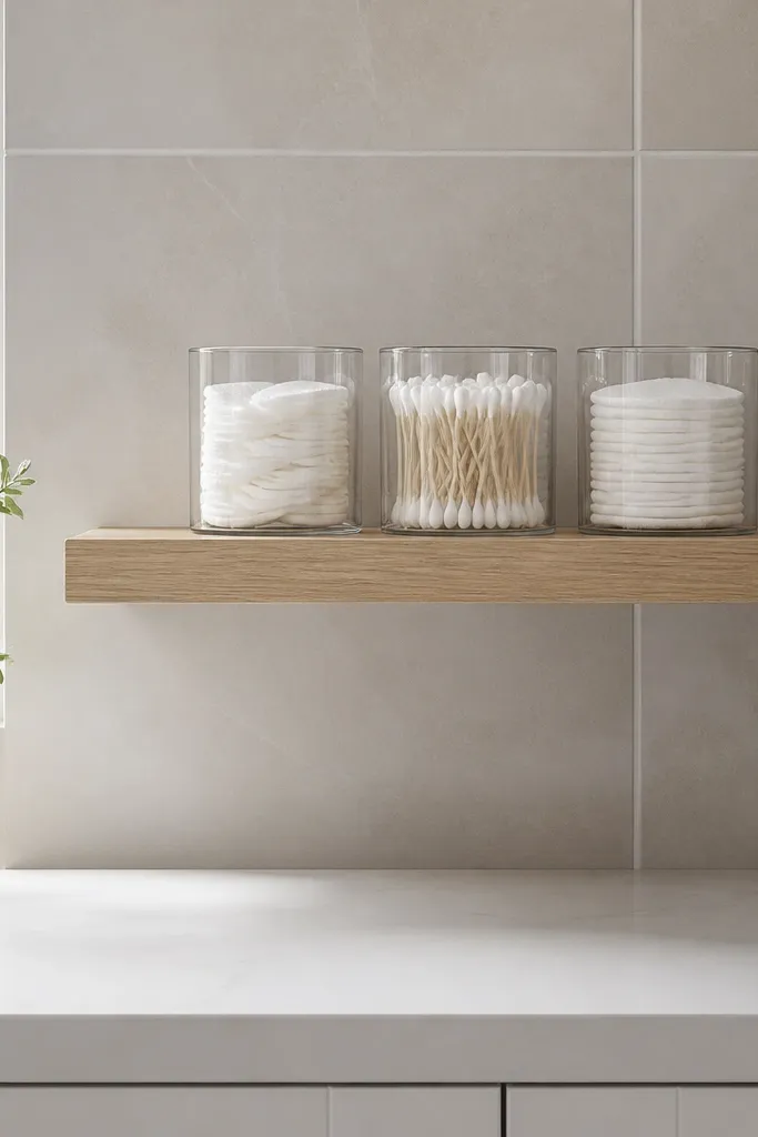Small wall shelf with three identical glass cups for cotton and tools