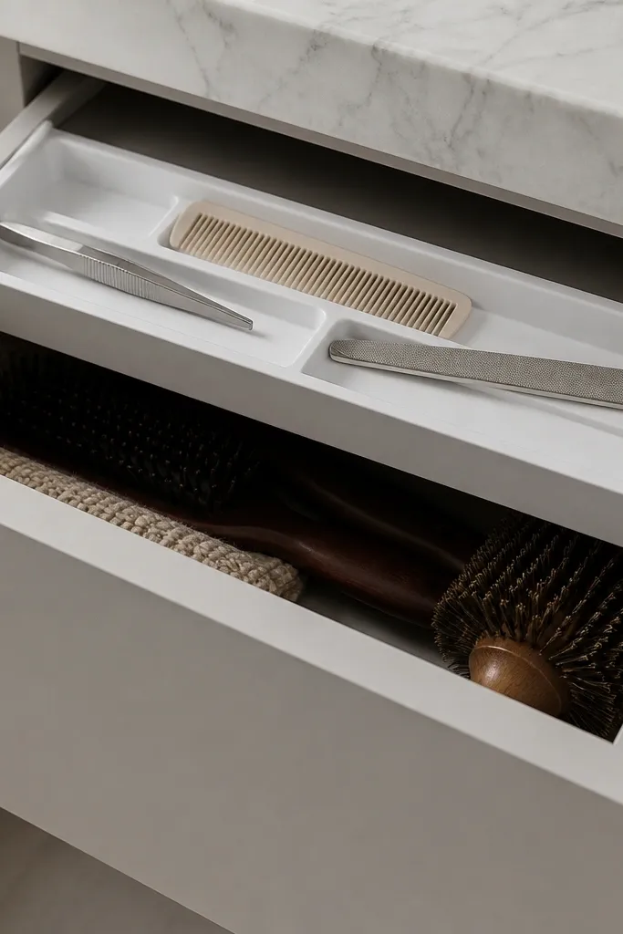 Shallow tray in drawer organizing tools with neat rows
