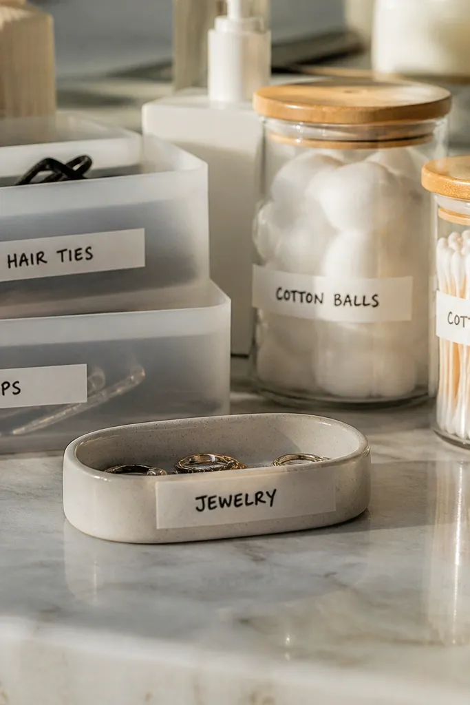 White labels on clear jars with black marker text