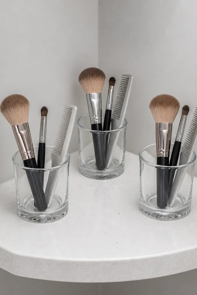 Corner shelf with multiple cups holding makeup brushes neatly spaced