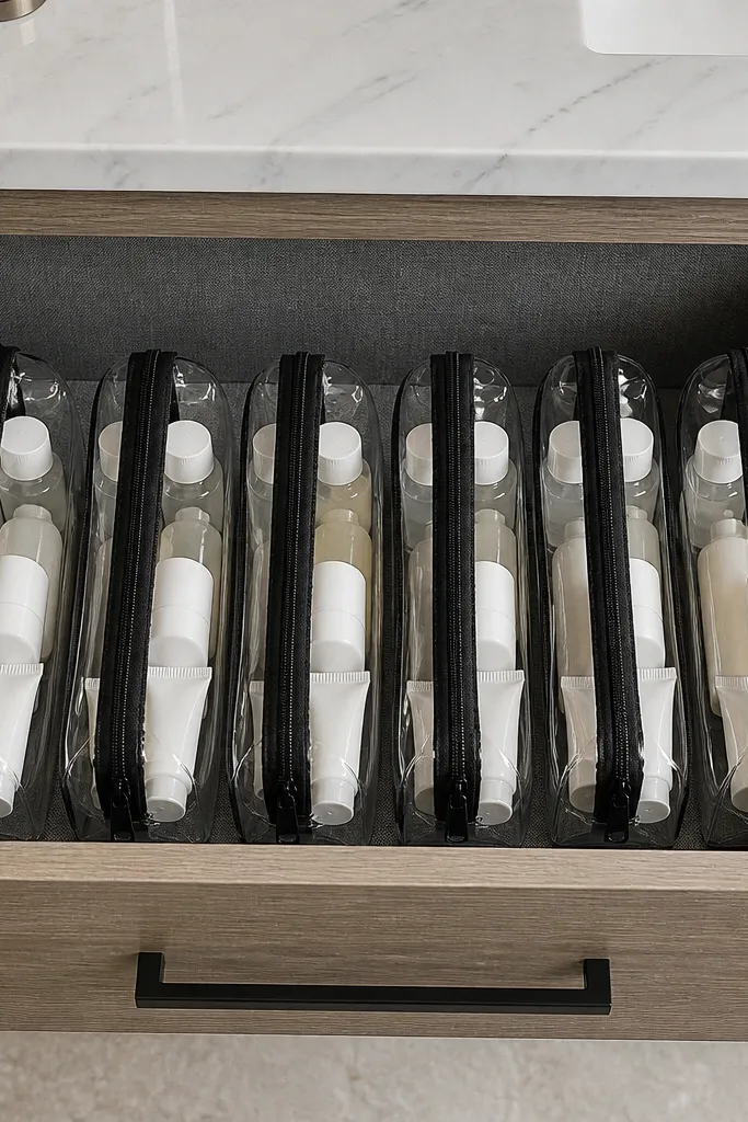 Clear zipper pouches in a drawer holding travel toiletries grouped neatly