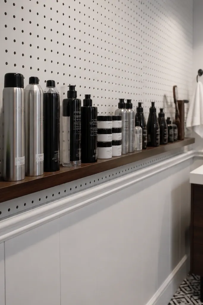 Slim pegboard shelf with styling products lined up neatly