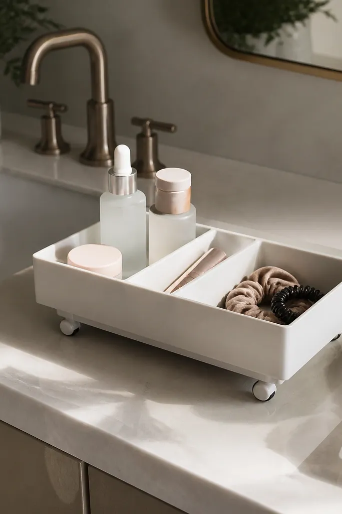 Rolling tray with compartments for toiletries placed on vanity